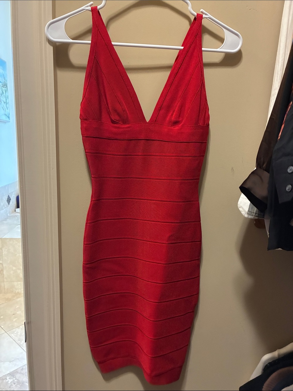 Herve Leger Red V-Neck Bandage Mini Dress